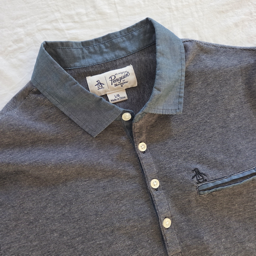 SOLDOriginal Penguin Men's Navy and White Striped Short Sleeve Polo Shirt Size L